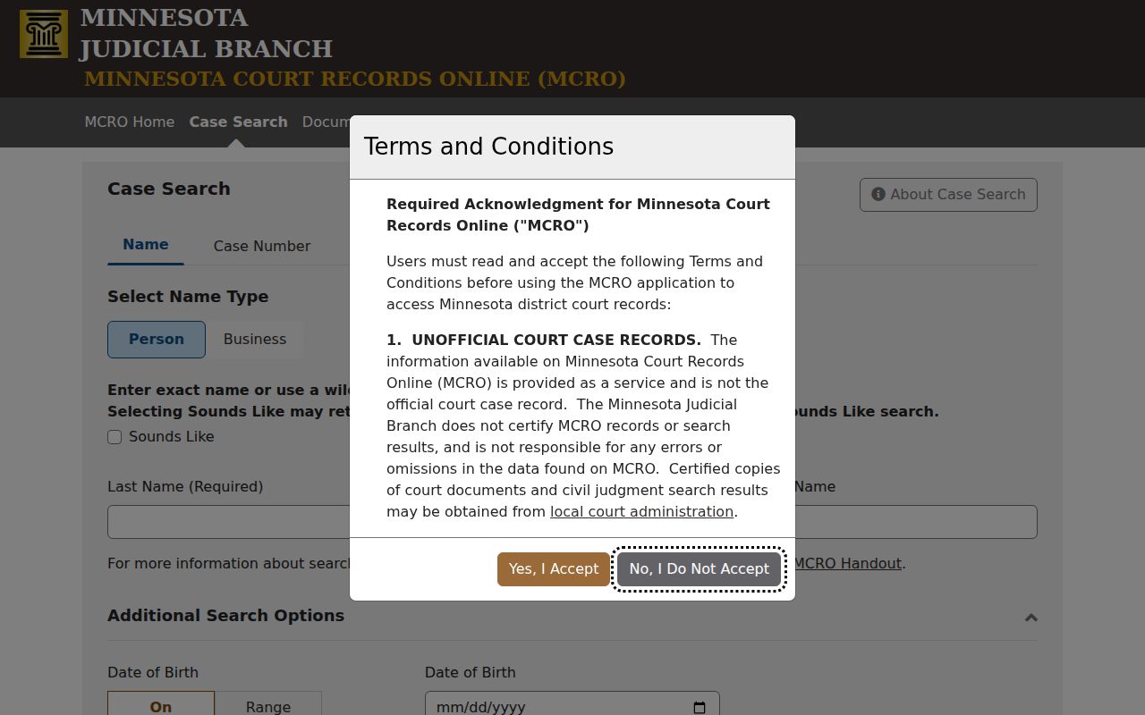 New Brighton resident lookup MCRO court search modes and filters